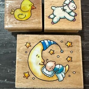 Wooden Art Stamps Set with Yellow, Blue, and White Illustrations